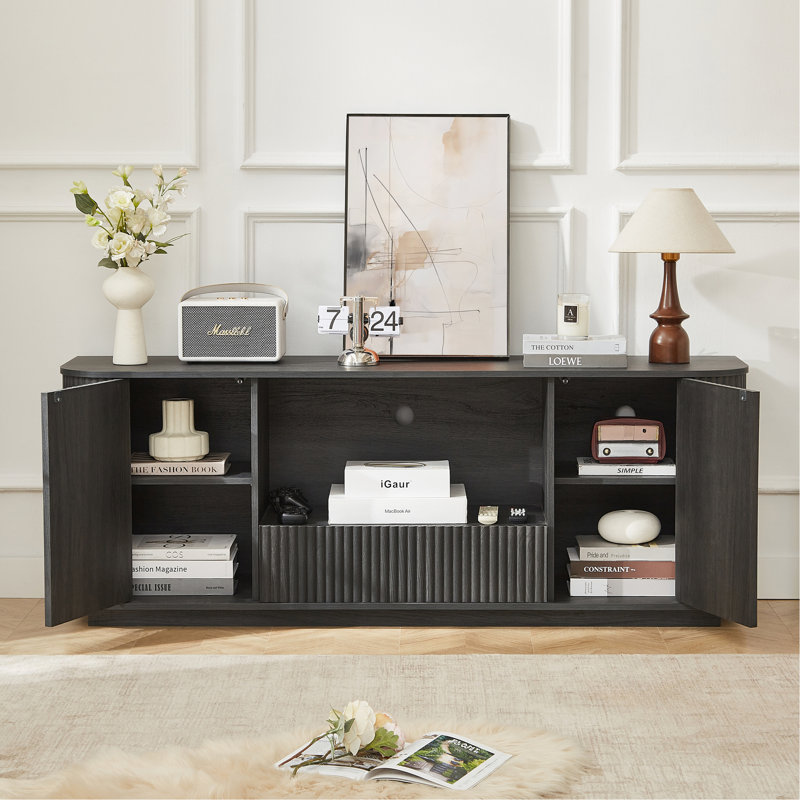 64-Inch Wavy TV Stand, Rounded Sideboard, Storage Cabinet, Wooden Vertical Stripe Cabinet For Living Room/Bedroom/Entryway. Black,64''W X 15''D X 24''H.
