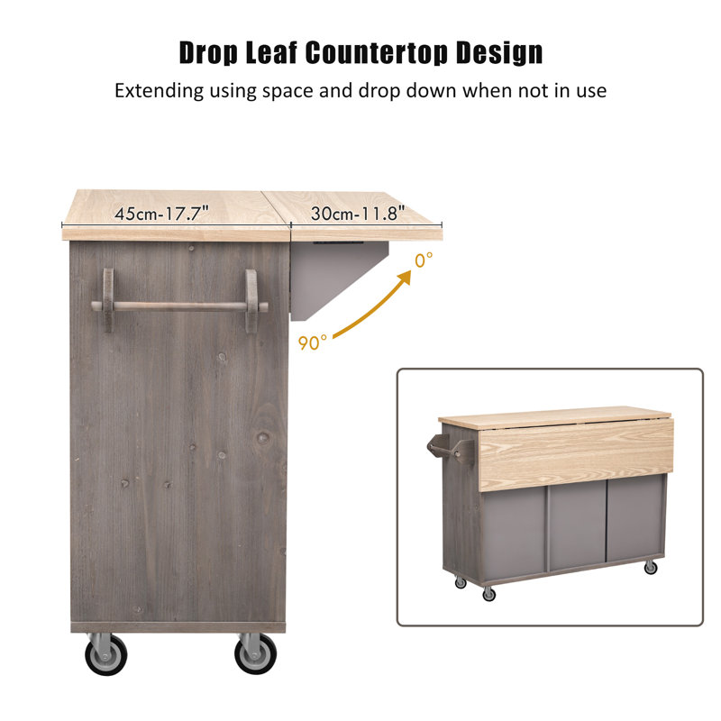 Îlot de cuisine de style campagnard amovible à rayure sergé 51,2 po avec rallonge et tablettes de rangement intérieures, Brun