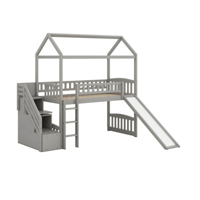 Lit mezzanine simple avec 2 tiroirs, escalier, glissade et échelle, lit maison