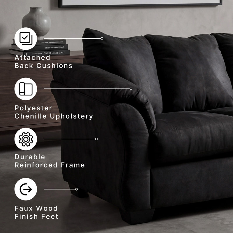 Darcy Pillow Top Arm Sofa, Black, 37" H x 89" W x 38" D