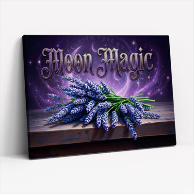 Moon Magic Lavender Bouquet Canvas Wrapped Wall Art With Purple Cosmic Background And Mystical Design For Bedroom Or Living Room Decor