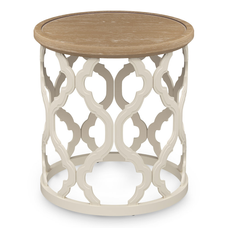Dozier Rustic Farmhouse Tray Top Round End Table with Wood Frame Base, Natural Wood Top/White Base