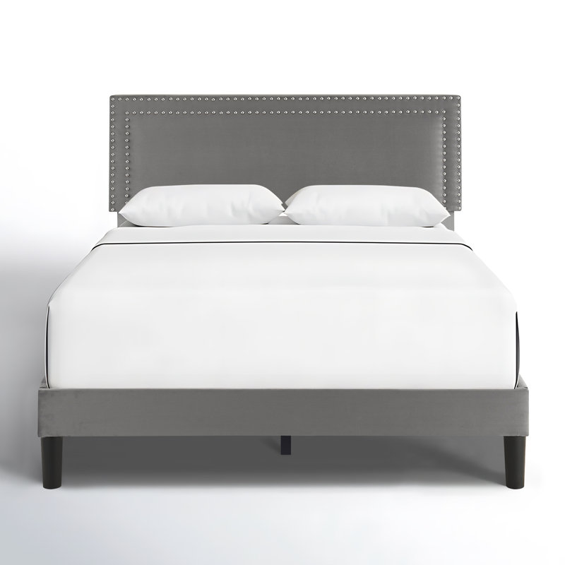 Queen Size Dark Grey Velvet Upholstered Platform Bed with Adjustable Headboard, Modern Bed Frame with Wood Slats, No Box Spring Needed