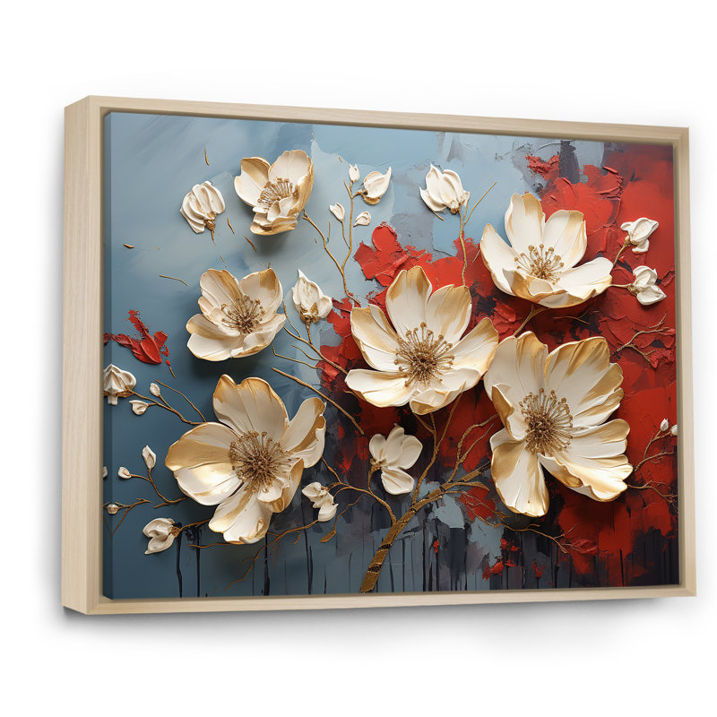 Or et pétales de tournesol beauté - Art mural floral abstrait, Cadre flottant doré, H 12 po x l 20 po x P 1 po