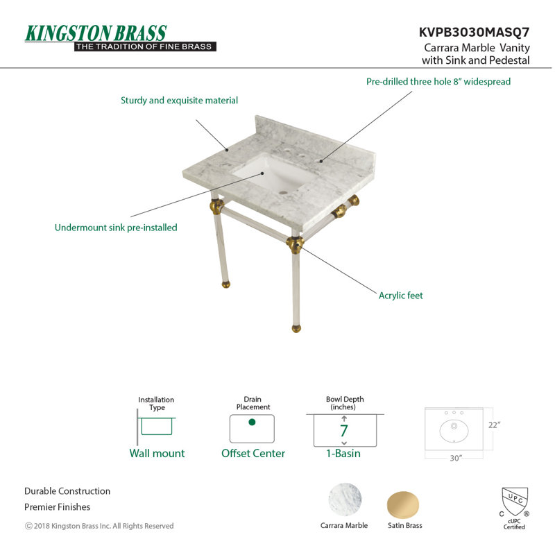Kingston Brass Templeton 30-Inch Carrara Marble Vanity Top with Clear Acrylic Legs (8-Inch, 3-Hole)