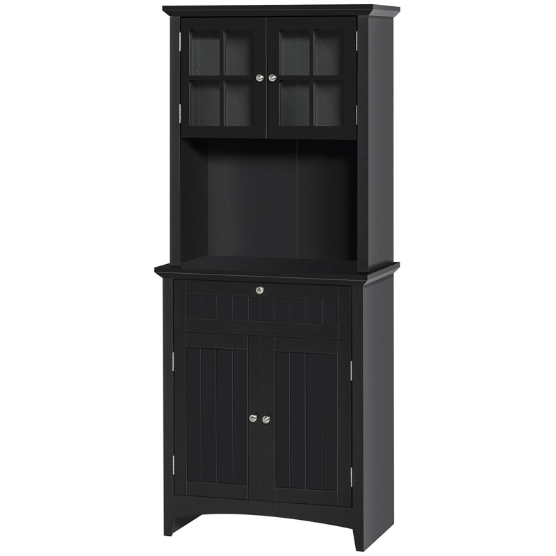 Armoire de rangement pour garde-manger avec porte en verre encadrée et espace pour micro-ondes, Noir, noir, noir, noir