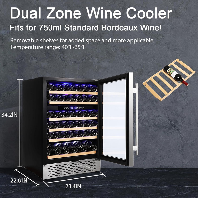 Refroidisseur à vin 24 po amélioré, réfrigérateur à vin à deux zones 51 bouteilles, refroidisseur à vin encastré ou autoportant avec acier inoxydable, porte silencieuse, porte en verre, verrouillage de sécurité, fonction de mémorisation de tem