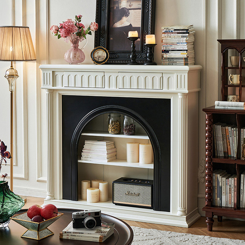Beige + Black Solid Wood Freestanding Fireplace