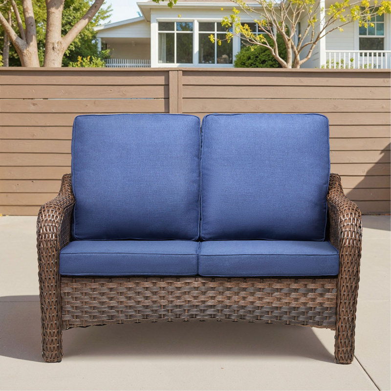 Causeuse de patio en osier 49,6 po avec coussins de siège bleu, Bleu