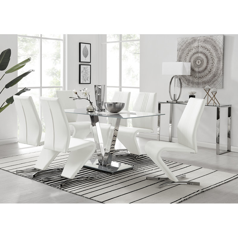 Ransart Modern Luxury Glass & Metal Dining Table Set With 6 Modern Design Faux Leather Dining Chairs, White
