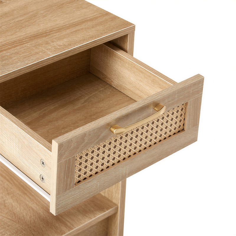 Table d'appoint en bois rustique, table de chevet Boho avec tiroir en rotin et tablette ouverte, finition chêne