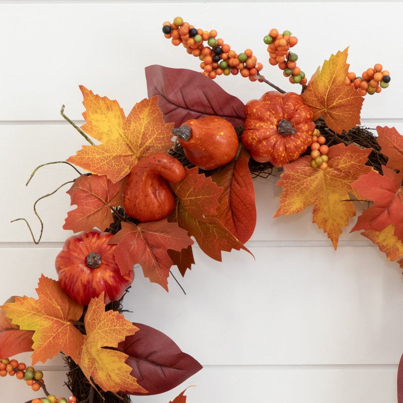 Maple Leaves, Pumpkin, Pinecone and Berries Wreath