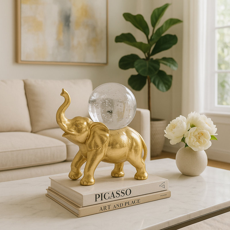 Gold Resin 9" Elephant With Crystal Ball - Enchanting Polyresin Sculpture Decor Piece for Inspired Living Spaces