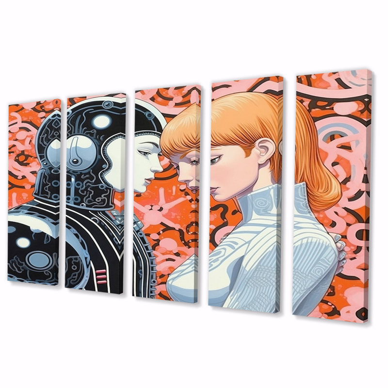 «Hot Robots In Love Retro Illustration I», reproduction sur toile Robot - 5 panneaux égaux