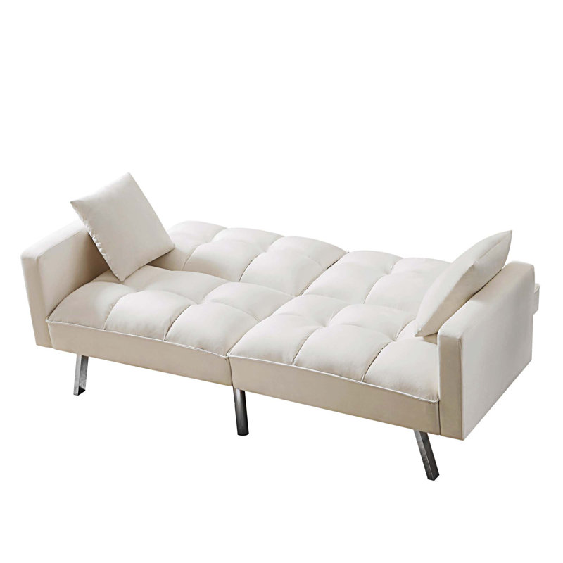 Canapé-lit 74 po à accoudoirs carrés en velours, Velours beige