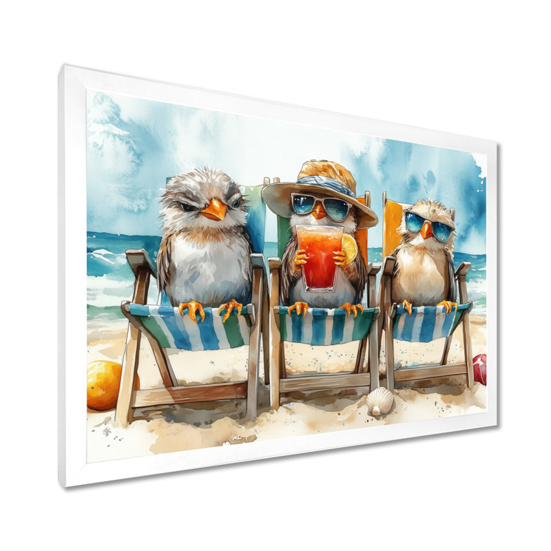Canaries On The Beach Lounging Chair - Coastal Animal Wall Art Print, White Single Picture Framed Canvas
