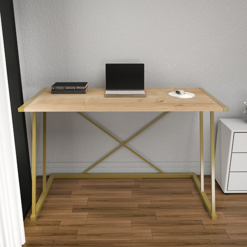 Lenes Metal Base Writing Desk, Oak/Gold