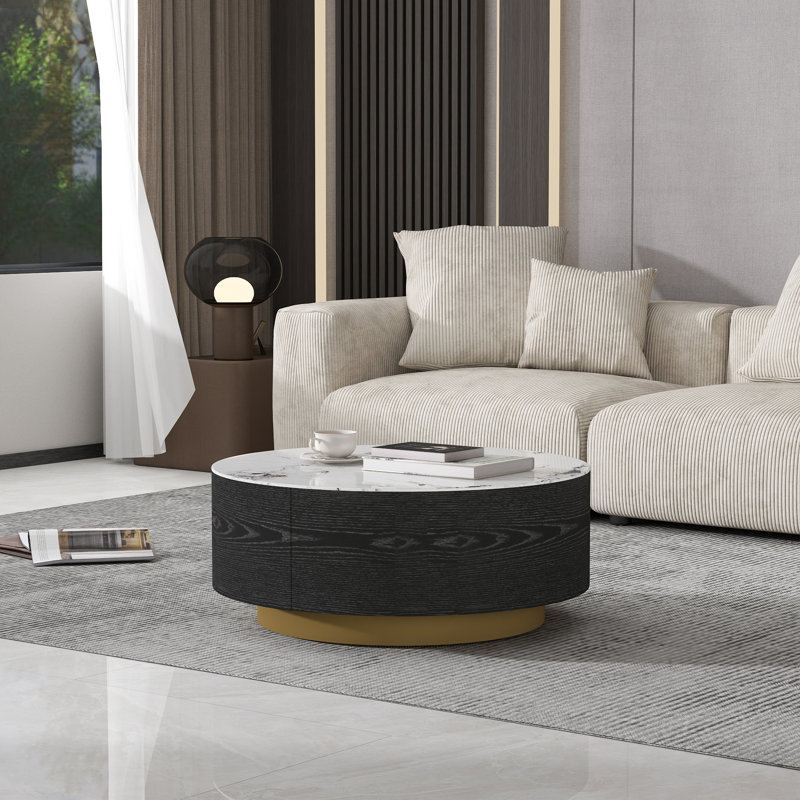 Table basse ronde avec rangement Jahnea, 2 tiroirs, Blanc Dali, Noir