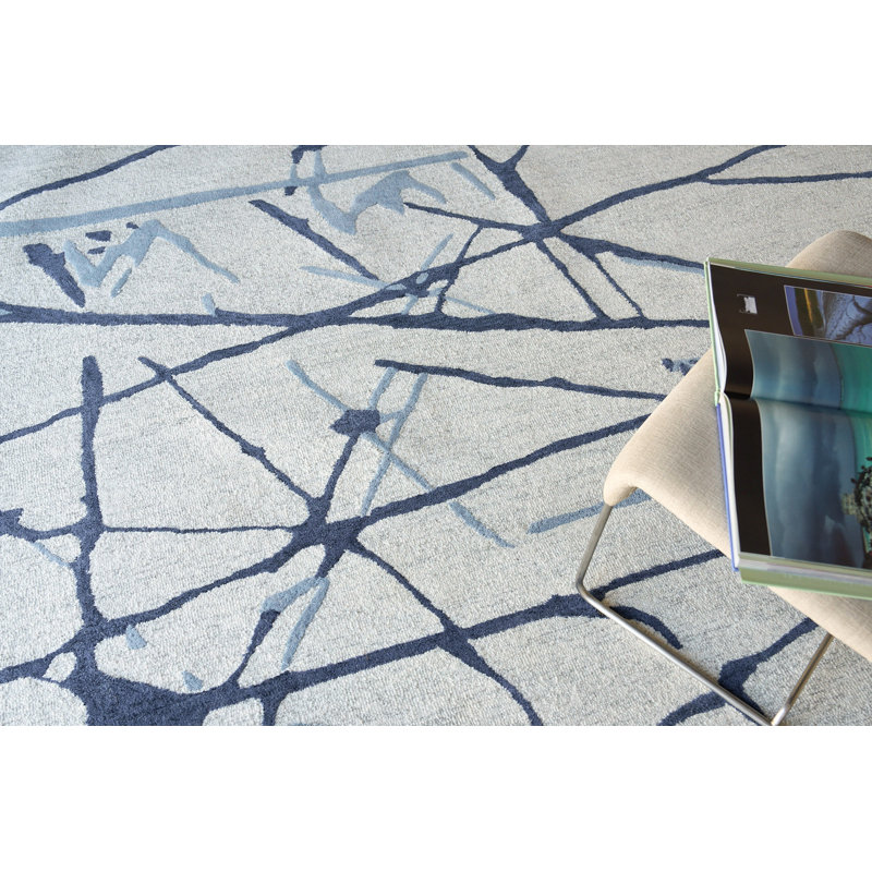 Mystic Rectangle Abstract Hand Tufted Wool Area Rug in Navy, Rectangle 14' x 18'