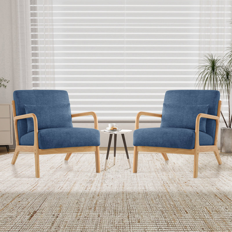 Ensemble de 2 chaises d'appoint avec coussin et fauteuil rembourré de style Mid-Century pour petit espace, Bleu, 2