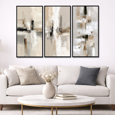 «Brown and Black Brushstroke Abstract Paint II», ensemble de 3 reproductions d'art sur toile encadrées