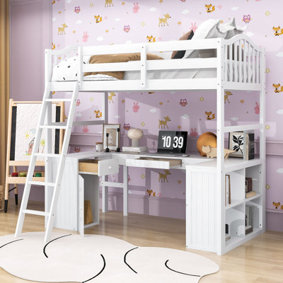 Lit mezzanine simple en bois peu encombrant avec bureau intégré, tiroirs, tablettes et armoire
