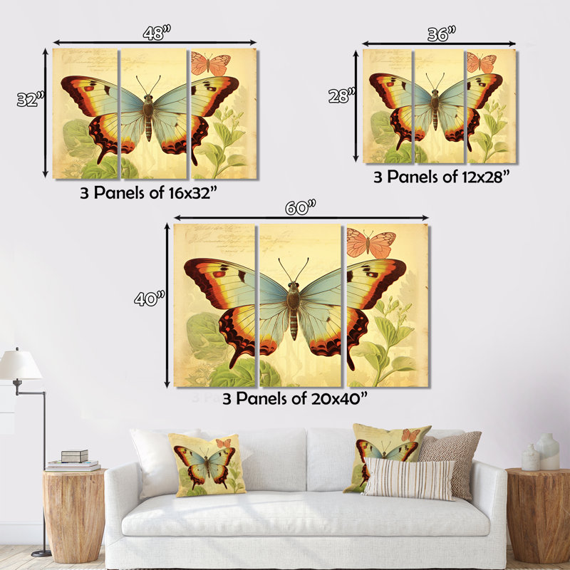 Illustration rétro d'un ensemble de reproductions d'art mural papillon élégant VI - animaux, H 32 po x l 48 po x P 1 po