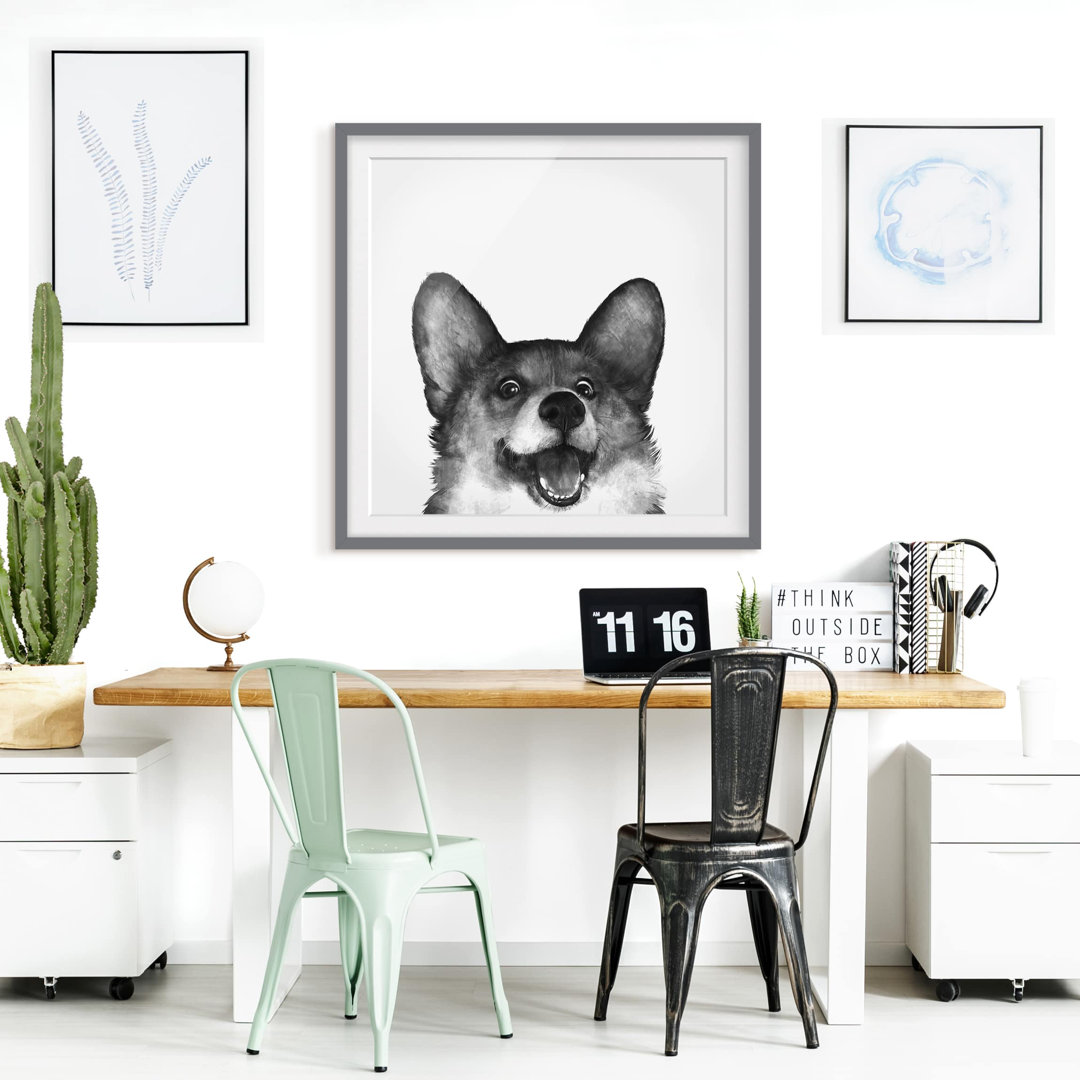 Gerahmtes Poster Illustration Hund Corgi Weiß Schwarz