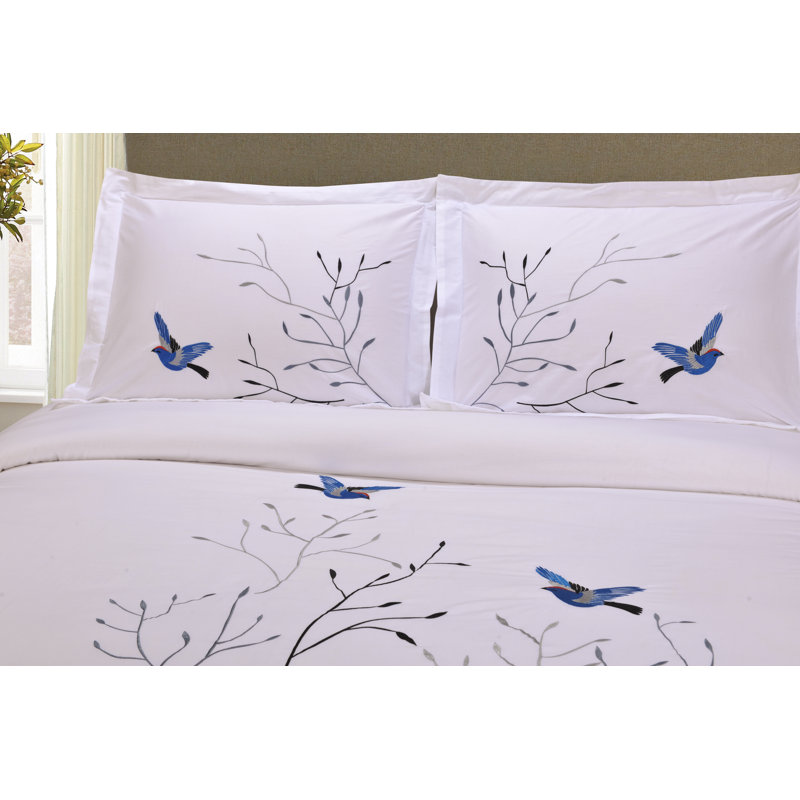 Blue Swallow Embroidered Cotton King/California King Duvet Cover Set