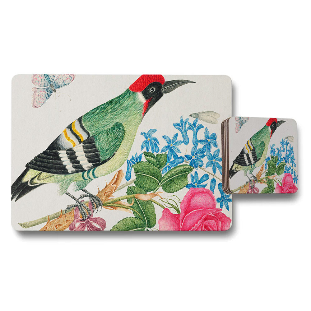 Hummingbird Floral Placemat And Coaster Set With Green Bird Design