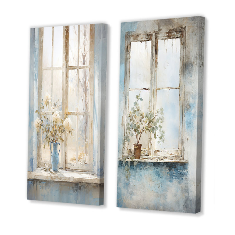 Ensemble de 2 fenêtres murales blanches et bleues Minimalisme, H 28 po x l 25 po, Toile tendue
