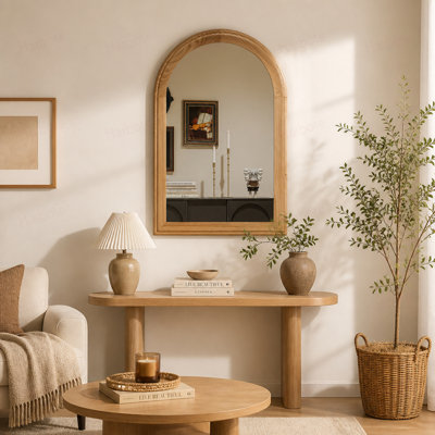 Miroir mural arqué avec cadre en bois, H 35,43 po x l 23,62 po, miroir décoratif rustique pour salle de bain, meuble-lavabo, salon (finition chêne naturel)