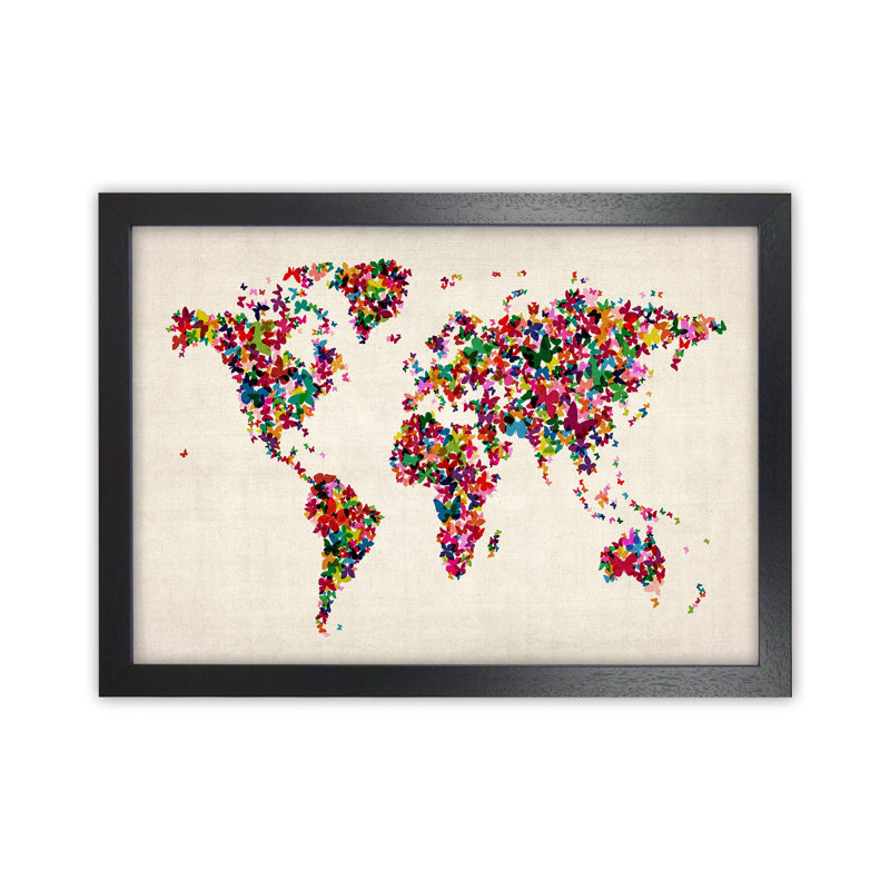 Butterfly Map Of The World by Michael Tompsett - Print, 64cm H x 88cm W x 3cm D, Black Framed
