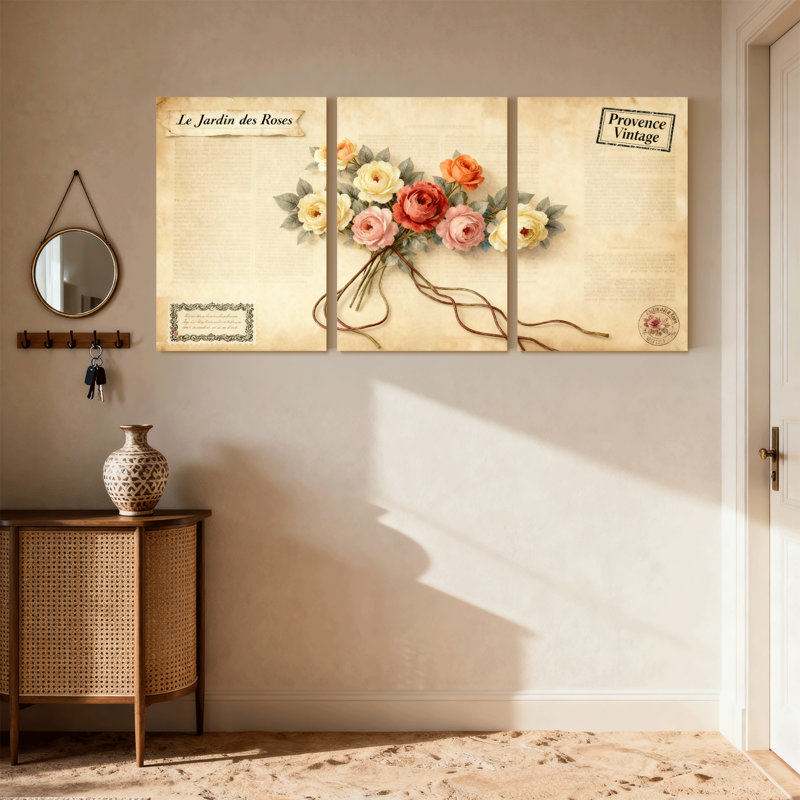 «Rose Vintage Roses Garden», ensemble de 3 reproductions d'art sur toile, H 30 po x l 60 po