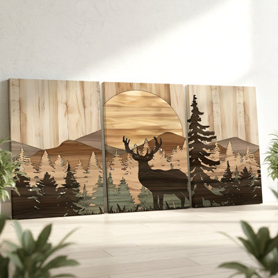 3 pièces d'art mural de silhouette de cerf rustique pour le salon, trois pièces d'art mural pour le salon, la chambre à coucher, le bureau et la maison, prêt à être accroché