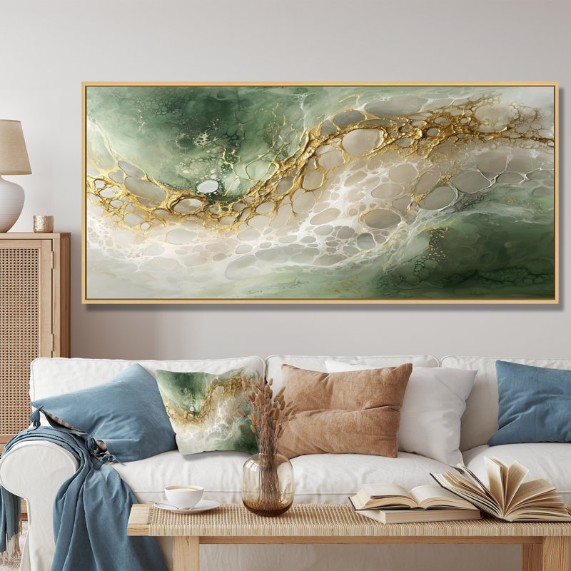 Éphémère, chemin émeraude vers la pierre précieuse I - art mural en marbre, H 28 po x l 60 po, Cadre flottant, Doré
