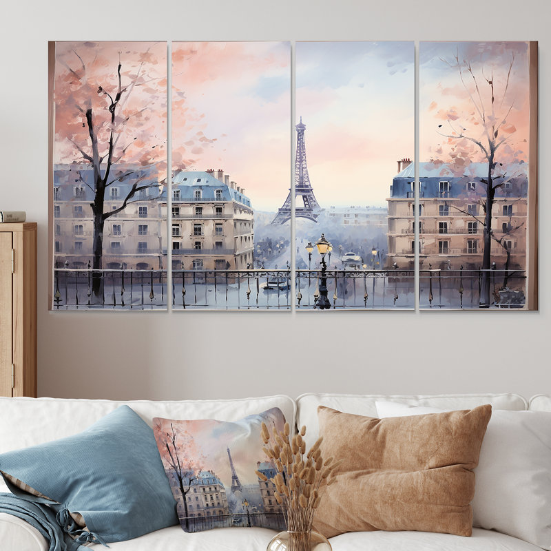 «Vintage Calm Paris City View - Paris», art mural sur toile 4 pièces, H 28 po x l 48 po