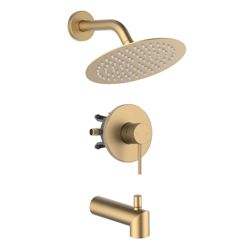 Ensemble de robinet de douche complet à pression équilibrée circulaire avec bec de baignoire, Laiton brossé