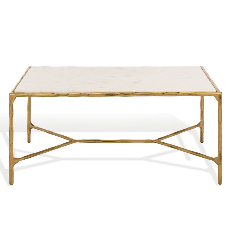 Table basse en fer Evelynn H 18 po x l 40 po, Laiton, Marbre blanc