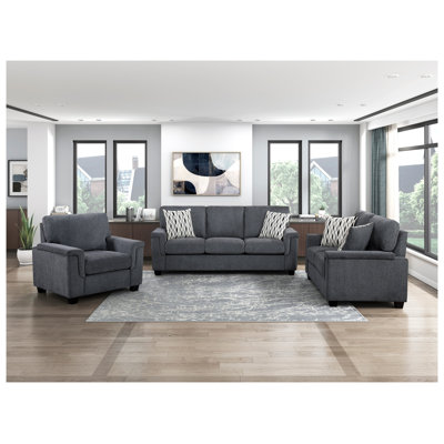 Ensemble canapé 3 pièces gris foncé capitonné, canapé deux places en chenille, fauteuil, sièges confortables, coussins décoratifs, mobilier de salon
