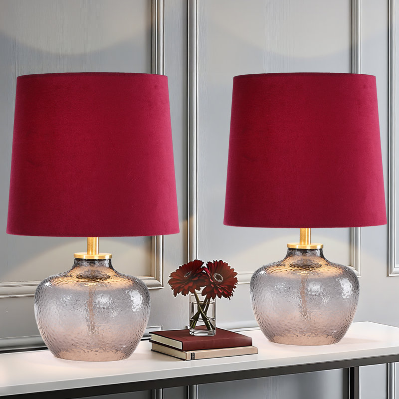 Ensemble de 2 lampes de table en verre 15 po, abat-jour en velours rouge foncé, lampe de chevet pour comptoir de cuisine d'entrée