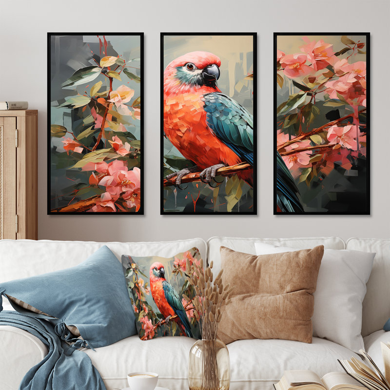 Perroquet rose et vert, arbre floral, harmonie I - art mural perroquet, H 28 po x l 36 po, Cadre flottant noir