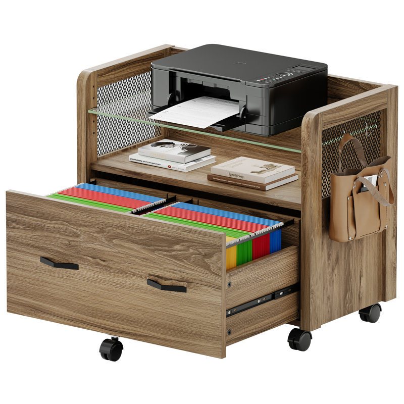 Preble Mobile File Cabinet with Drawer and Hooks, Natural