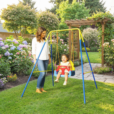 AIYAPLAY 3 in 1 Toddler Swing Set Folding Seat Belt Adjustable Seat Blue
