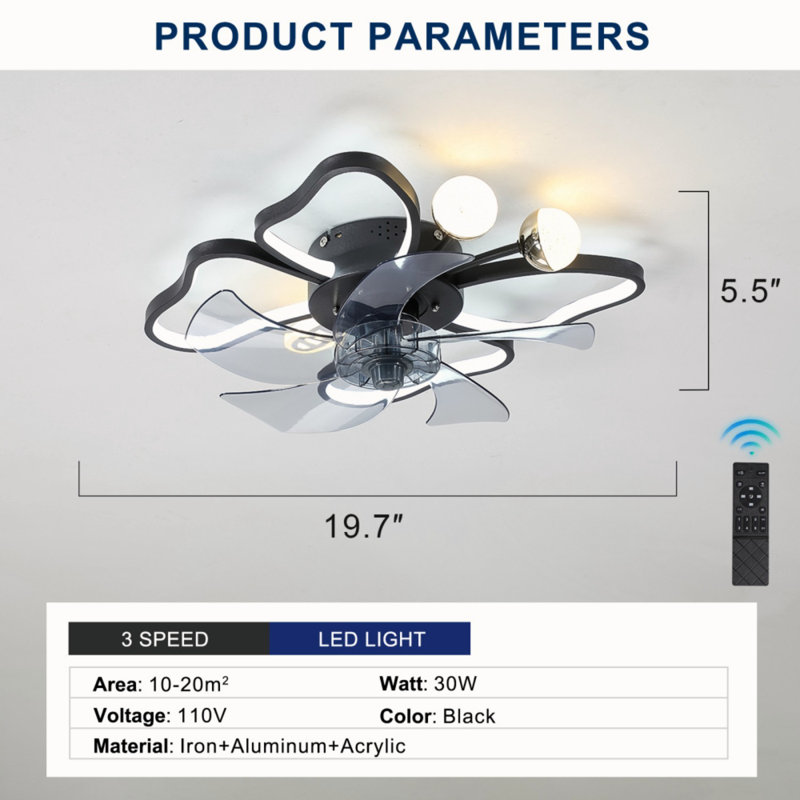 19.7 Inch Light Ceiling Fan With Lights Remote Control With Modern Butterfly Design Styling, Black, Fan For Bedroom, Living Room, Timing Function, Noiseless