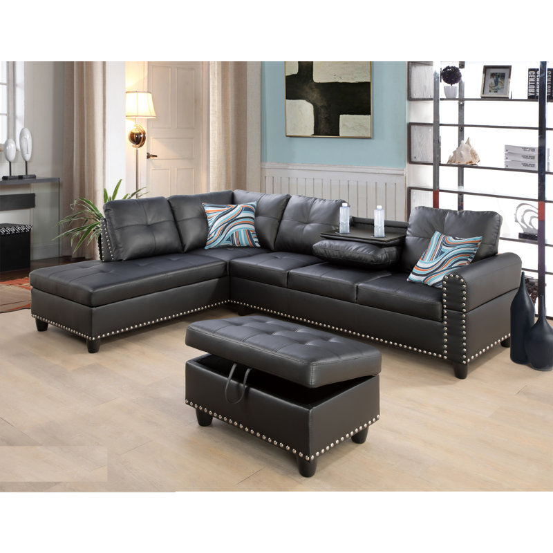  Canapé modulaire en similicuir 3 pièces avec repose-pieds Adebisi, Similicuir noir, Accoudoir à gauche (vu de face)
