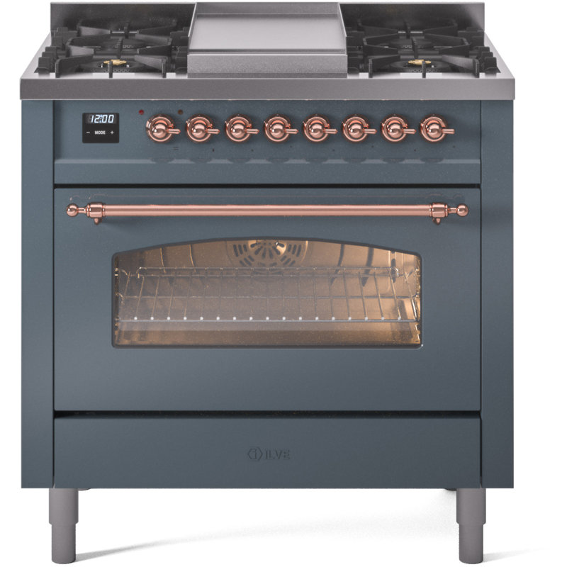 ILVE Nostalgie II 36 Dual Fuel Range, knobs, Liquid Propane, Blue Gray/Brass