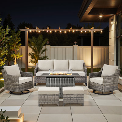 Maelie 6-Piece Outdoor Wicker Patio Fire Pit Conversation Set With Rectangle Fire Pit, Swivel Gliders And Ottomans