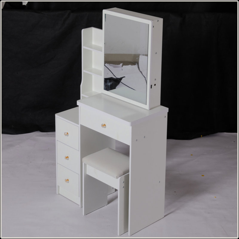 Small Size Left Bedside Cabinet Vanity Table + Cushioned Stool, Extra Large Sliding Mirror, Multi Layer, High Capacity Storage Fashionable Dresser, Suitable For Small Space, EPA,GCC,UL Certificate