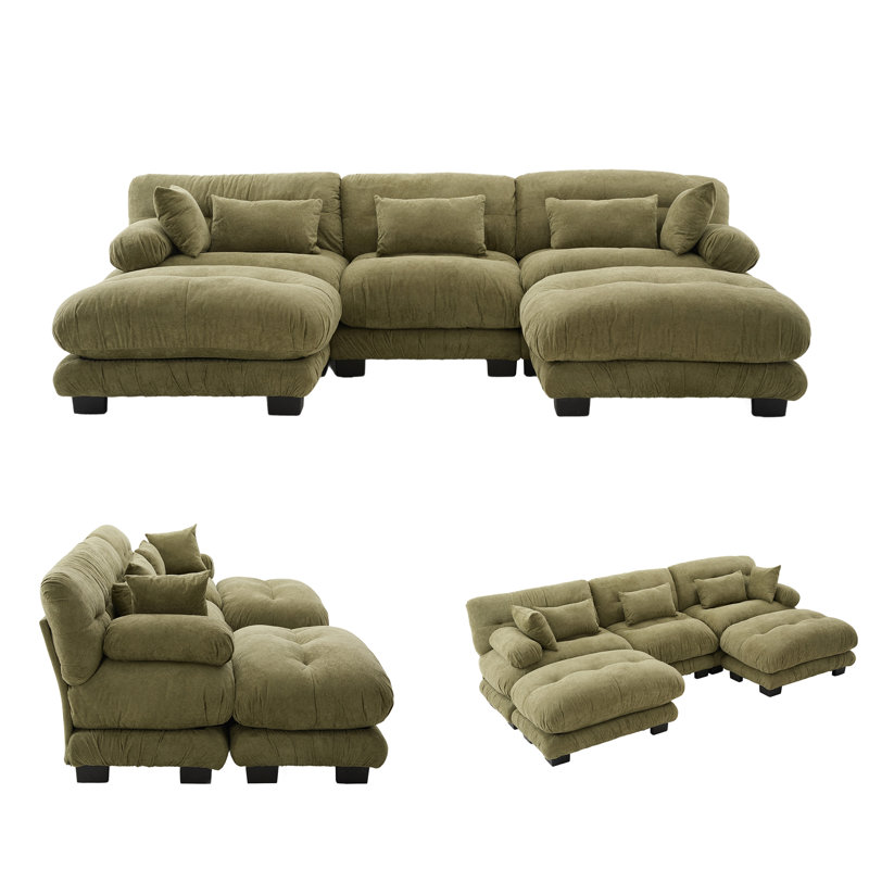 Canapé en velours granulé en forme de U avec 2 repose-pieds, canapé confortable 3 places avec coussins d'accoudoir à traversin, canapé de salon